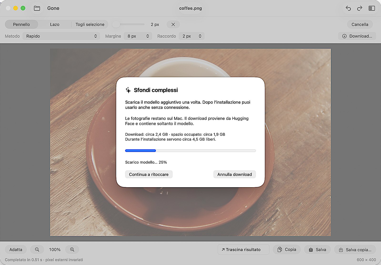 Finestra Sfondi complessi in Gone: il modello aggiuntivo si scarica una volta e poi funziona senza connessione; le fotografie restano sul Mac. Download circa 2,4 GB, spazio occupato circa 1,9 GB, avanzamento al 25 per cento.