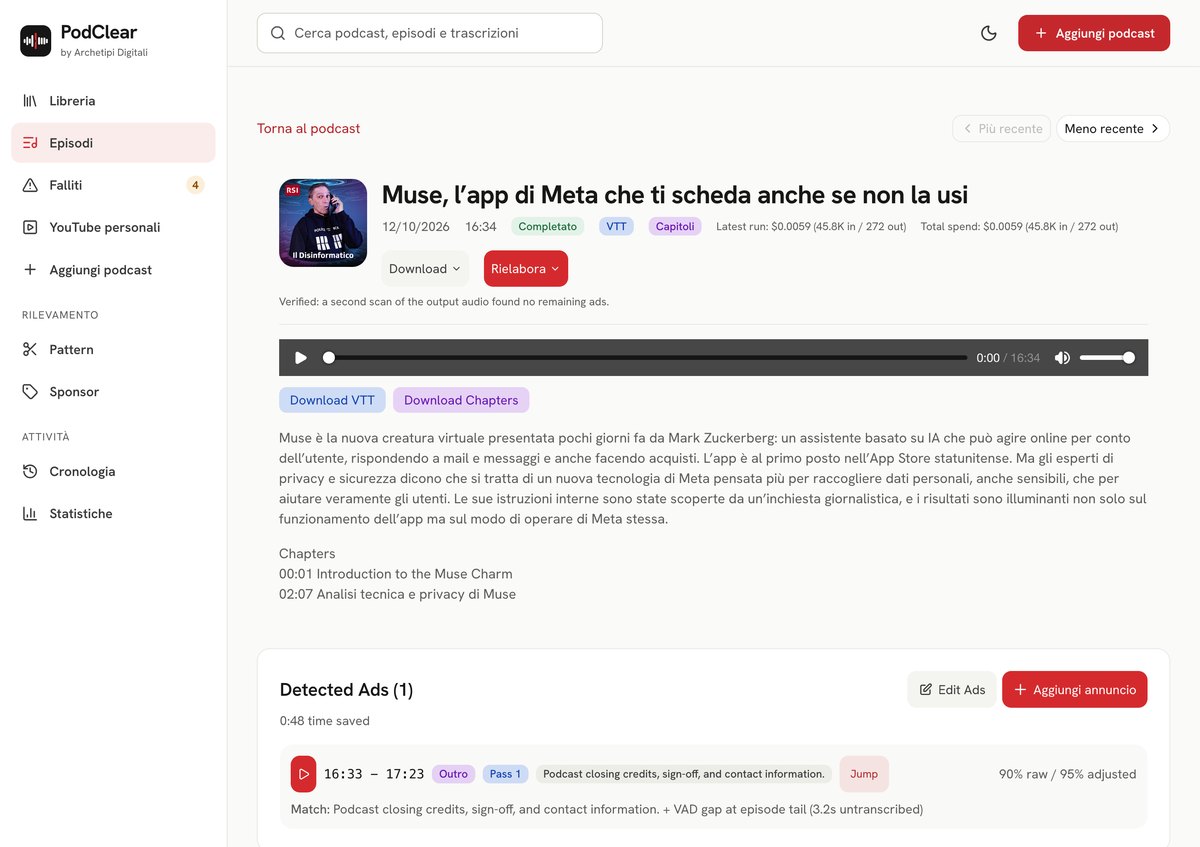 Dettaglio di un episodio in PodClear: player, download, rielaborazione, descrizione, capitoli e annunci individuati con orari e motivazione.