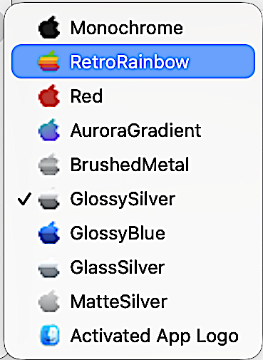 ColorApple's Apple theme submenu with the ten themes: Monochrome, RetroRainbow, Red, AuroraGradient, BrushedMetal, GlossySilver, GlossyBlue, GlassSilver, MatteSilver and Activated App Logo.
